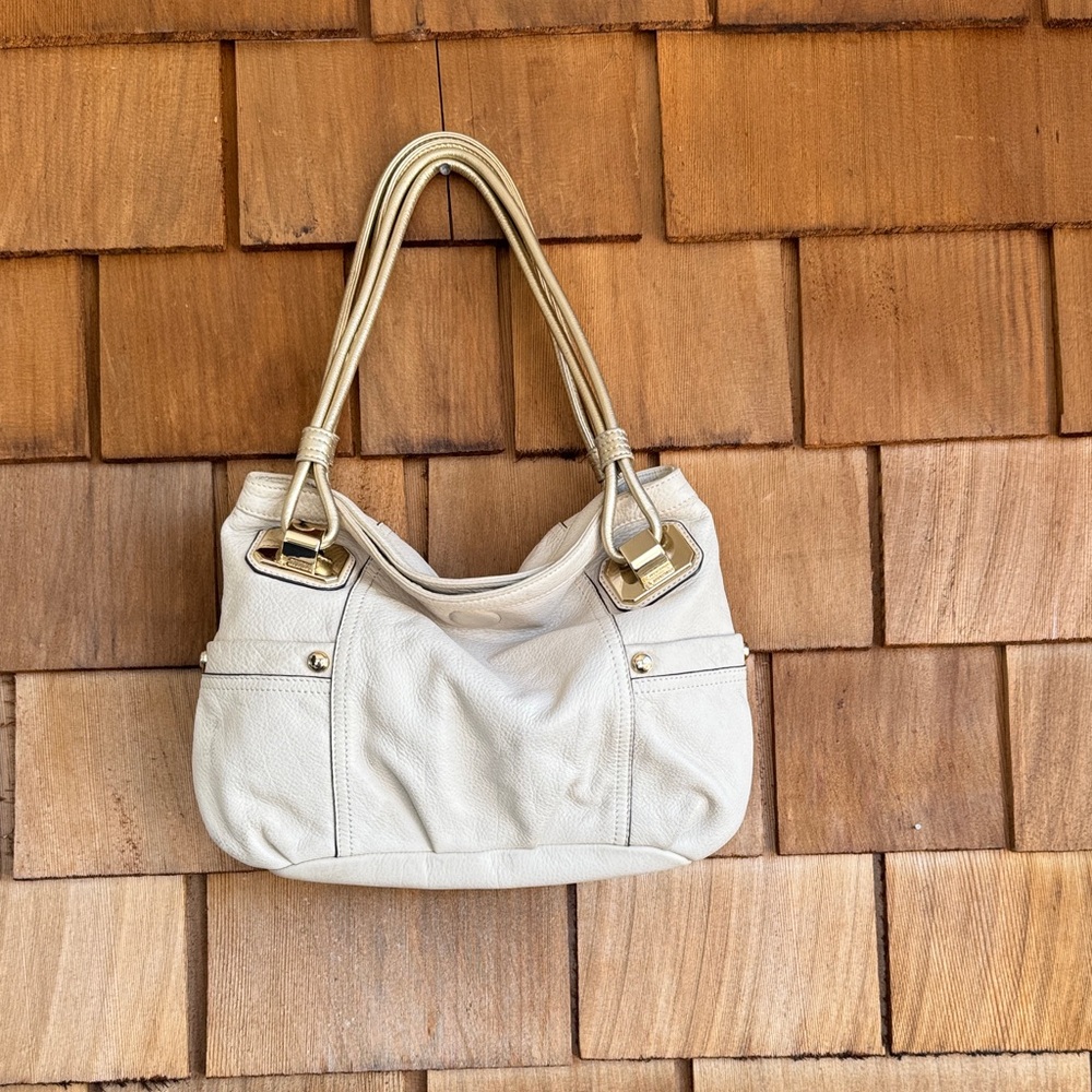 b. makowsky Cream Leather Shoulder Bag with Gold Hardware